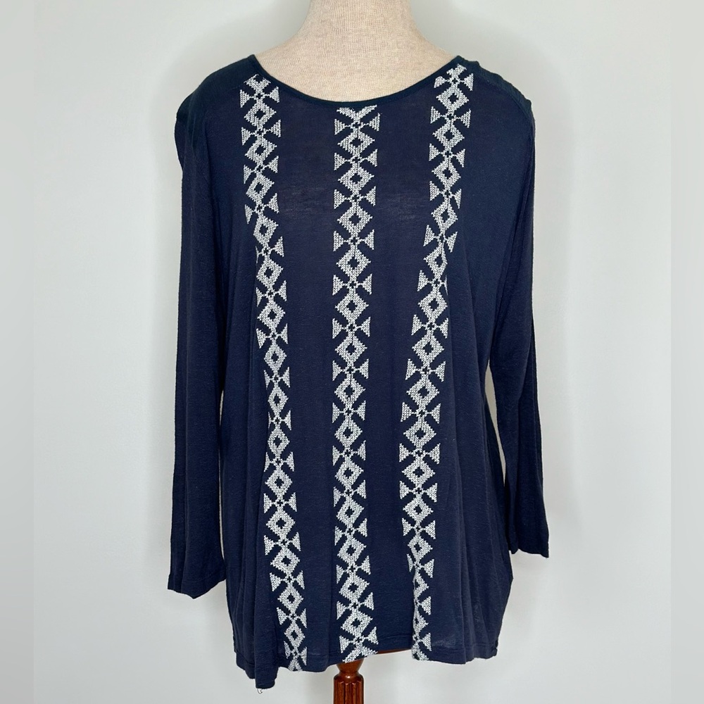 Lucky Brand Boho Blue and White Embroidered Long Sleeve Top Size 1X